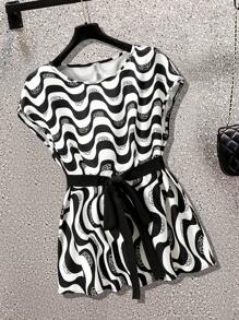 SHEIN LUNE 2pcs/Set Plus Size Women Batwing Sleeve Printed Blouse And Wide Leg Pants Set - Black - View 6