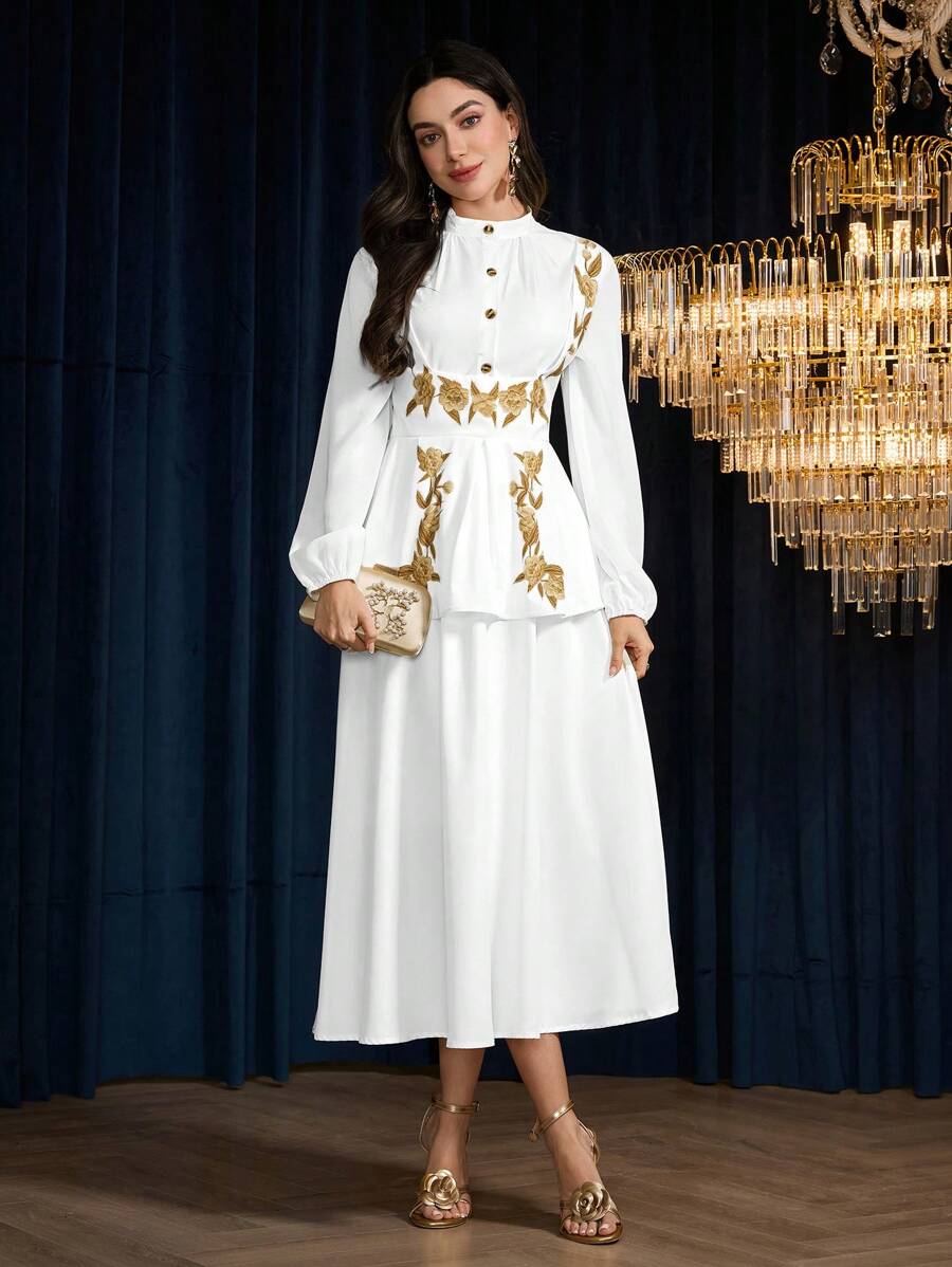 Modelyn 2 件女士花卉印花雪纺拼接优雅浪漫套装 - 白色 - 查看 1