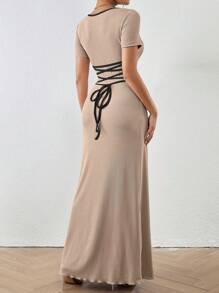 SHEIN Clasi Vestido maxi elegante y ajustable de cintura entallada de cuello cuadrado de color liso para mujer, vestido bohemio/boho/de festival de verano largo para mujer