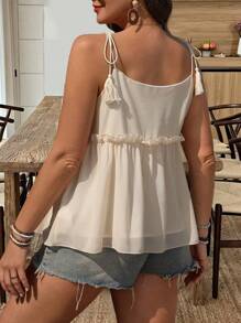 Breezaya Plus Size Women's Loose Casual Vacation Fringe Tie-Up Camisole Top