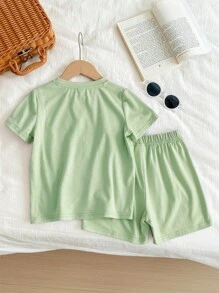SHEIN Leap Crew Bộ 2 áo thun tay ngắn và quần short in hình chú ếch dễ thương phong cách đồng quê cho bé gái tuổi teen, chất liệu cotton pha trộn, mùa hè - màu xanh lá - Xem 2