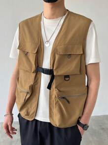 Claim Dot Men's Solid Color Multi-Pocket Casual Vest For Spring/Autumn, Zip Up Vest Jacket Summer - Khaki - View 4