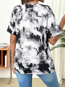 SHEIN Áo thun dây chéo nhuộm loang thời trang cho phụ nữ mang thai, mùa hè - Đen và trắng - Xem 2