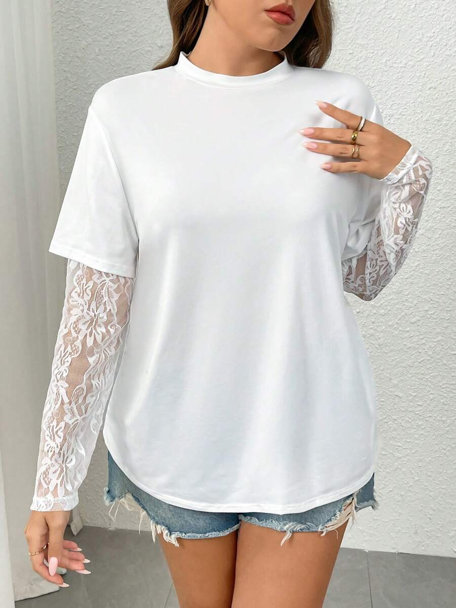 Calvaya Plus Size Women Lace Patchwork Short Sleeve T-Shirt, Spring/Summer Fall Cloth For Women - White - View 1