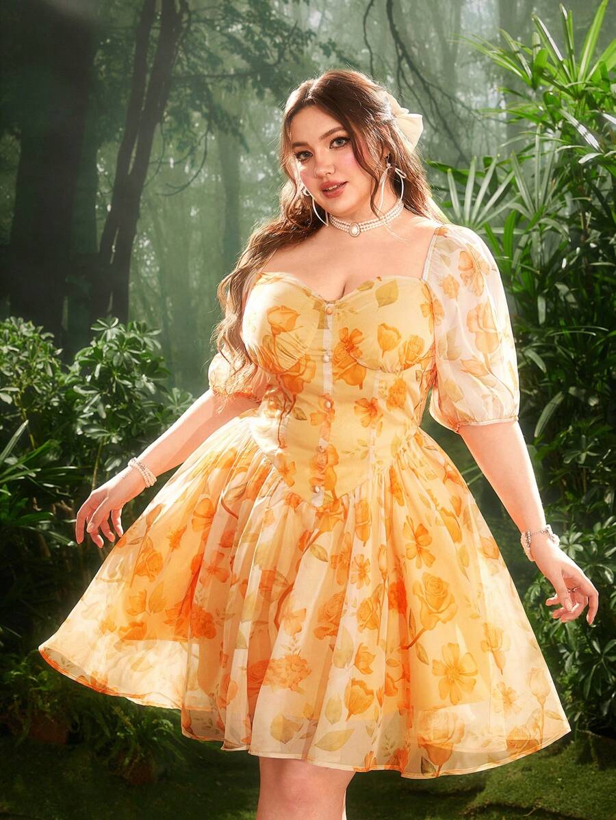 Flirla Plus Size Vintage Floral Chiffon Puff Sleeve Dress, Romantic Style For Spring/Summer - Orange - View 1