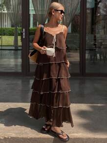 DAZY Women's Holiday Casual Beach Colorblock Ruffle Hem A-Line Midi Dress With Drawstring Waist Sundress - Brown - View 6