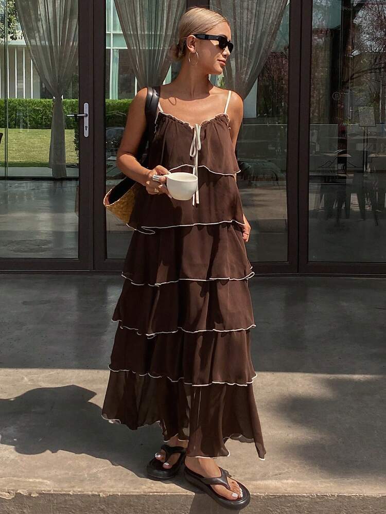 Women's Holiday Casual Beach Colorblock Ruffle Hem A-Line Midi Dress With Drawstring Waist Sundress