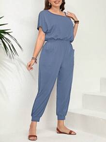 SHEIN LUNE Plus Size Solid Color Oblique Shoulder Short Sleeve Jumpsuit, Simple & Fashionable, Suitable For Summer - Blue - View 3