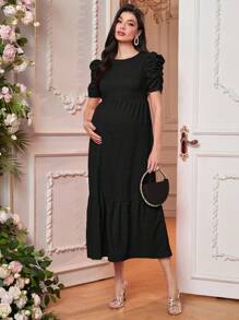 SHEIN Elegant Black Maternity Midi Dress With Short Puff Sleeves And Round Neckline For Special Occasions - Black - View 4
