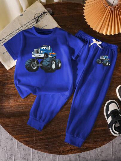 SHEIN Explorewe Young Boy Simple Fashion Short Sleeve Top And Pants Set, Suitable For Summer Summer Holiday