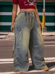 SHEIN ICON 大码女式工装口袋宽松阔腿牛仔裤 - 藍色 - 查看 4