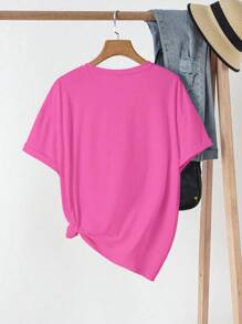 Women Round Neck Simple T-Shirt, Suitable For Summer - Hot Pink - View 2