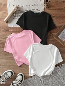 SHEIN EZwear Set de 3 camisetas cortas de mujer de manga corta, cuello redondo, de ajuste ceñido con gráficos de texto en inglés en estilo minimalista y casual para el verano - Multicolor - Ver 2