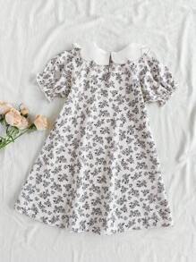 Vintaside Kids 1 件年轻女孩碎花彼得潘领短袖休闲连衣裙，刺绣花领，灯笼袖，柔软舒适可爱连衣裙，适合春夏户外、日常、旅行 - 杏色 - 查看 2