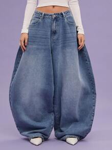 COUREZ 低腰宽松牛仔裤，浅蓝色水洗，街头休闲，Y2K风格，休闲音乐节风格，棉质牛仔布，复古棉质