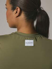 MUSERA Plus Branded Patch Fitted Short Sleeve Slinky Crop Sports Top For Spring Summer Vacation Gym Active Workout Sport Casual