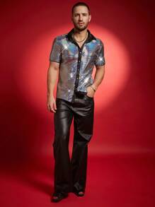 FeverCity Chemise de soirée à la mode pour homme, effet métallisé laser