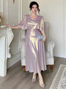 DAZY 女士纯色 V 领中长连衣裙，简约时尚，适合夏季舞会礼服优雅太阳裙、正式女士连衣裙 - 淡紫色 - 查看 3