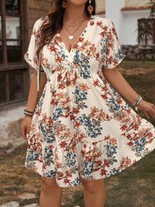 SHEIN LUNE Robe d'été élégante à imprimé floral, col V et volant à l'ourlet, grande taille