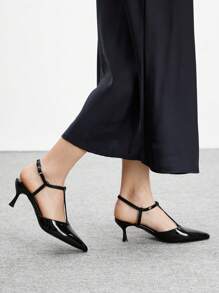 CUCCOO BIZCHIC Giày cao gót thấp gót thấp, quai ngang chữ T bằng da bóng màu đen, thời trang cho đi làm, hẹn hò, dự tiệc và các sự kiện dịp Giáng sinh. - màu đen - Xem 5