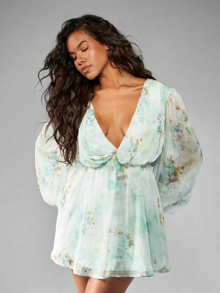 MISSGUIDED Watercolor Floral Chiffon Mini Dress With Volume Balloon Sleeves Empire Waist