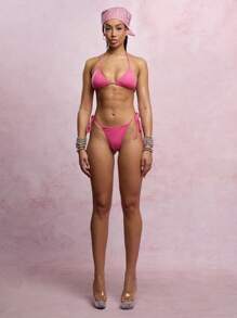 SUMWON WOMEN Ribbed Triangle Bikini Set Two Piece Swimsuit With Side Tie Bottom Brazilian Cut Beachwear Summer Vacation Resort Swimming Pool - Hot Pink - View 6