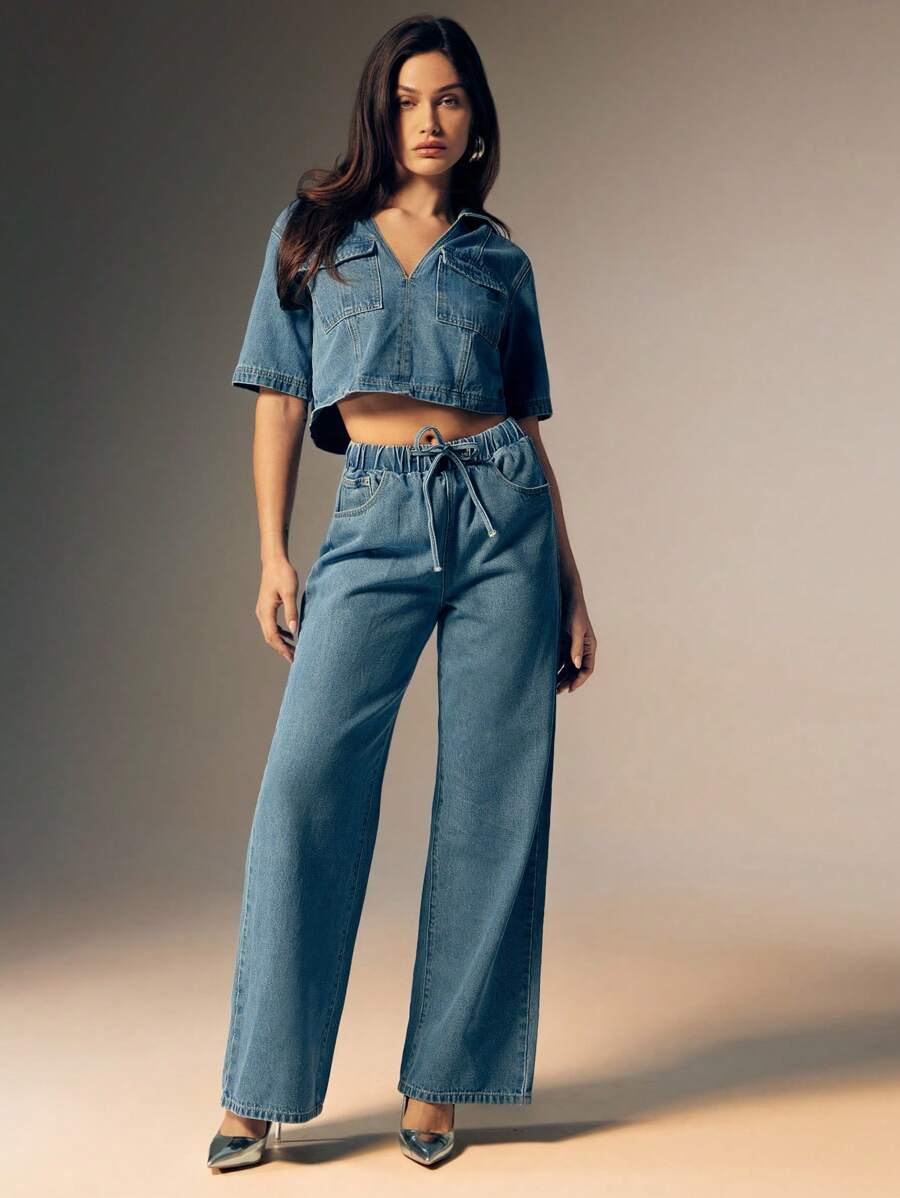 Denimoi Casual Washed Loose Drawstring Waist Straight Leg Jeans - Light Wash - View 1