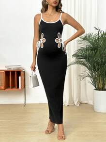 SHEIN Abito premaman senza maniche, semplice e di moda, con dettagli traforati, adatto per l'estate - nero - Visualizzare 3