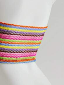 Sweetina 女士彩色条纹扭结抹胸休闲上衣，夏季 - 玫紅色 - 查看 7