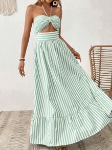 SHEIN VCAY Đầm hở lưng kẻ sọc giản dị cho kỳ nghỉ của phụ nữ - màu xanh lá - Xem 4