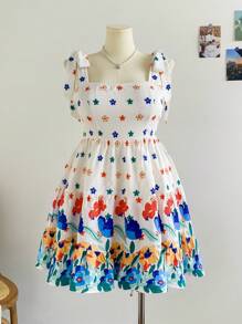 Soleia Robe Cami à imprimé floral coloré avec bretelles nouées, pour femmes grandes tailles. Tenue de vacances/remise des diplômes/rentrée scolaire - Multicolore - Voir 1
