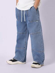 SUMWON Jeans de pierna ancha clásicos para jóvenes con cintura con cordón, diseño de múltiples paneles, comodidad para el día a día, perfectos para la escuela y el uso casual, estilo streetwear - Azul - Ver 2