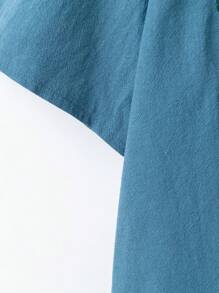 SHEIN LUNE CURVE Áo sơ mi cổ tròn vải lanh thêu màu trơn cỡ lớn cho nữ tay 3/4 - Màu xanh lam - Xem 3