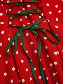 Sweetra 大码可爱波尔卡圆点印花拼色吊带连衣裙 - 紅色 - 查看 6