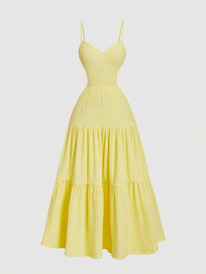 SHEIN MOD 1 件黄色细肩带分层荷叶边腰连衣裙，新年女装，优雅女装，仙女服装连衣裙，女士轻便连衣裙，返校节连衣裙，节日女装