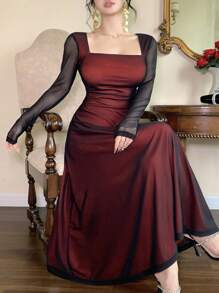 DAZY 女士方领长袖网纱鱼尾优雅中长连衣裙，秋季连衣裙/长款连衣裙 - 紅色 - 查看 5