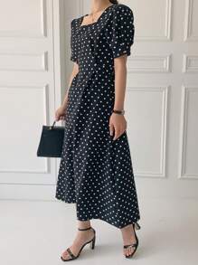 DAZY 女士迷你方领波点泡泡袖蝴蝶结腰优雅中长连衣裙挤奶女工连衣裙女士夏季衬衫女士上衣女士夏季套装，休闲女装 - 黑色 - 查看 6