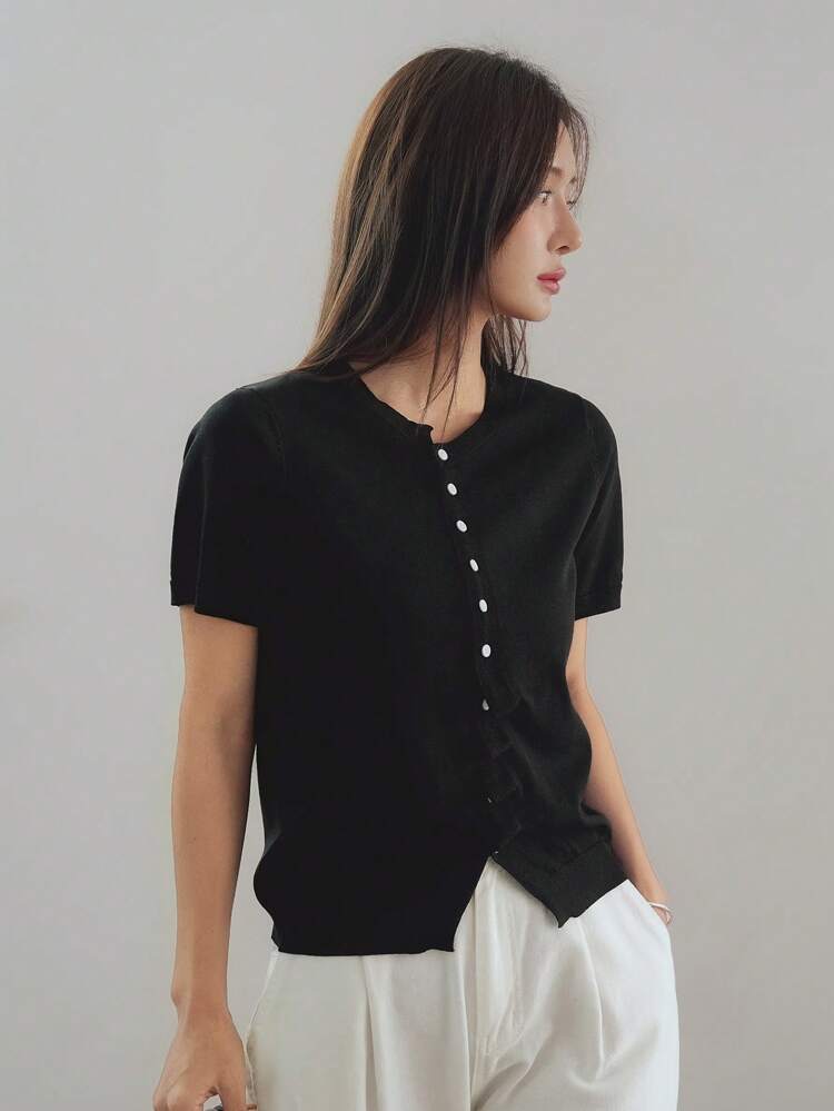 Women's Casual Business Design Pleated Asymmetric Open Split Short Sleeve Knit Cardigan Sweater Summer