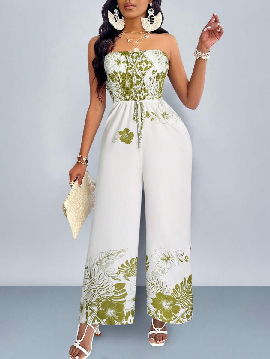 SOLERSUN Gathered Wide Leg Jumpsuit With Drawstring And Floral Leaf Print - White - View 1