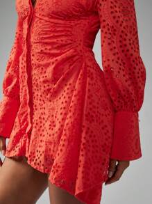 MISSGUIDED Broderie Anglaise Party Mini Dress Ruched Waist Long Sleeve Button Down Collared Summer Spring Asymmetrical Eyelet Flare - Coral Orange - View 4