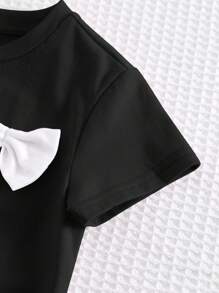 Cozy Pixies Baby Girl Soft Knit Colorblock Bow Round Neck Short Sleeve Pullover Shirt - Black - View 5