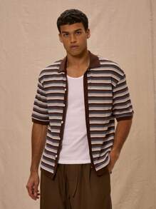 Musero Knit Striped Button Up Oversized Shirt For Spring Summer Vacation - Multicolor - View 1