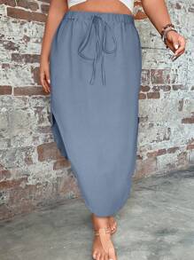 SHEIN LUNE Plus Size Solid Color Simple Fashion Skirt, Suitable For Summer - Dusty Blue - View 5