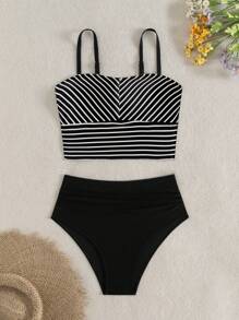 Swim Vcay 女士简约时尚背心吊带比基尼，适合夏季 - 黑與白 - 查看 4