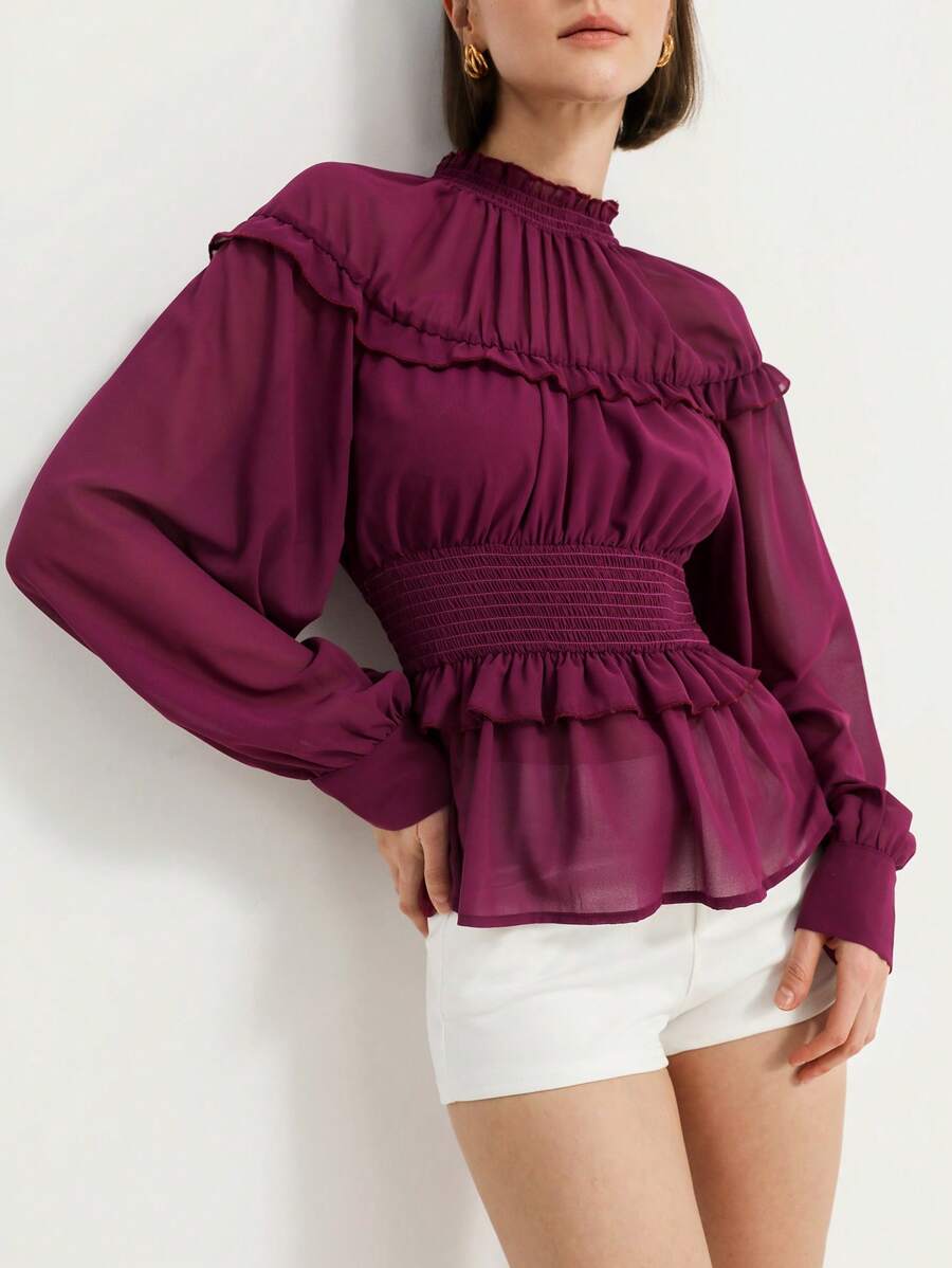 Revavyn 女士复古荷叶边袖雪纺衬衫 - 酒紅色 - 查看 1