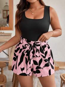 SHEIN Frenchy Plus Size Casual Vacation Style Solid Color Square Neck Tank Top And Printed Tie-Waist Shorts Set - Pink - View 1