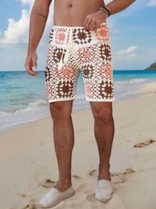 Manfinity RSRT Men's Vacation Casual Contrast Color Hollow Out Knit Shorts Crochet Beach Shorts Men Swim Trunks
