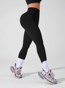 Easithlete Solid Color High Waist Seamless Yoga Leggings - Black - View 7