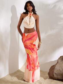 Opulessa Knitted Mesh Printed Low Waist Fitted Mermaid Hem Skirt For Women - Apricot - View 6