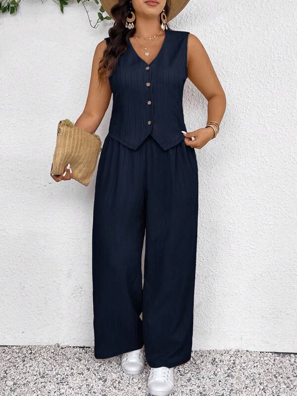 SHEIN Frenchy Women Plus Size Vest & Pants Set, Fashion Casual Spring/Summer New Textured 2 Pieces Set In Apricot